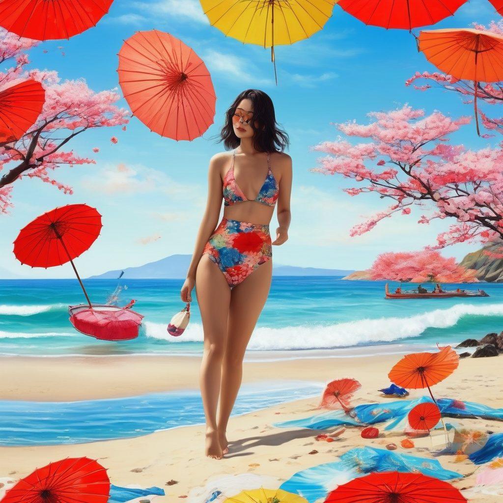 A captivating summer scene showcasing a beach with diverse women wearing stunning Japanese swimwear that emphasizes unique patterns and textures. The background should feature clear blue skies, gentle waves, and sun-kissed sands, while beach umbrellas in vibrant colors scatter across the shore. Incorporate elements of Japanese culture such as cherry blossoms or lanterns subtly blended into the scenery. The mood should be lively and inviting, evoking a sense of fun and relaxation. super-realistic. vibrant colors. summer theme.